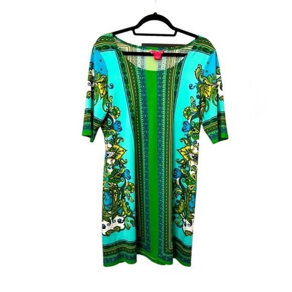 Sunny Leigh Dresses & Skirts - Sunny Leigh Green Turquoise Blue Floral Henna Striped Sheath Dress Medium